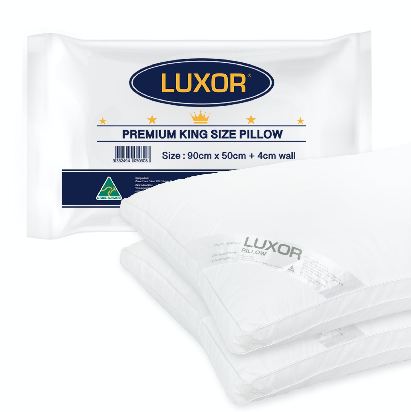 Luxor Australian Made Hotel - King Size Pillow with 4cm Wall  - 1 Pack, 2 Pack, 4 Pack