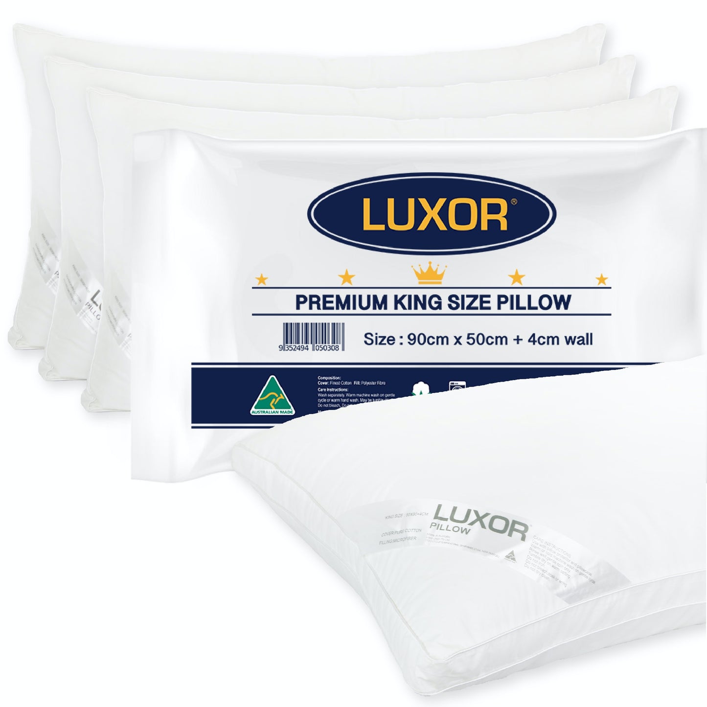 Luxor Australian Made Hotel - King Size Pillow with 4cm Wall  - 1 Pack, 2 Pack, 4 Pack